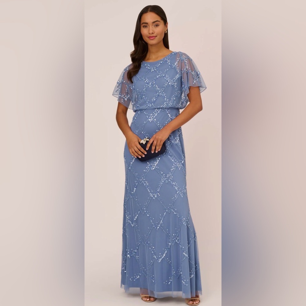 ADRIANNA PAPELL Hand-Beaded Blouson Gown With Flutter Sleeves In French Blue Sz8